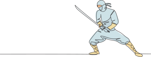 einer Single Linie Zeichnung von jung energisch japanisch traditionell Ninja halten Samurai Schwert auf Attacke Pose Illustration. kämpferisch kriegerisch Kunst Sport Konzept. modern kontinuierlich Linie zeichnen Design png