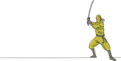 een single lijn tekening van jong energiek Japans traditioneel Ninja Holding samurai zwaard Aan aanval houding illustratie. strijdlustig krijgshaftig kunst sport concept. modern doorlopend lijn trek ontwerp png