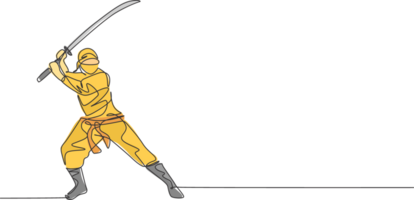 een single lijn tekening van jong energiek Japans traditioneel Ninja Holding samurai zwaard Aan aanval houding illustratie. strijdlustig krijgshaftig kunst sport concept. modern doorlopend lijn trek ontwerp png