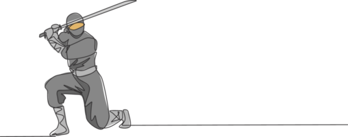 uno continuo linea disegno di giovane coraggioso giapponese ninja personaggio su nero costume con attaccare posizione. marziale arte combattente concetto. dinamico singolo linea disegnare design grafico illustrazione png