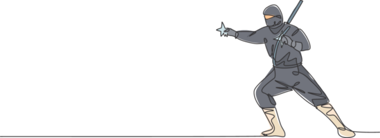 One continuous line drawing of young brave Japanese ninja character on black costume with attacking position. Martial art fighting concept. Dynamic single line draw design graphic illustration png