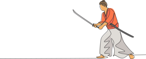 een doorlopend lijn tekening van jong moed samurai krijger houding klaar naar aanval Bij opleiding sessie. krijgshaftig kunst strijdlustig sport concept. dynamisch single lijn trek ontwerp grafisch illustratie png