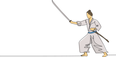 een doorlopend lijn tekening van jong moed samurai krijger houding klaar naar aanval Bij opleiding sessie. krijgshaftig kunst strijdlustig sport concept. dynamisch single lijn trek grafisch ontwerp illustratie png