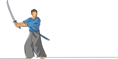 One single line drawing of young Japanese samurai warrior holding katana sword practicing at dojo center graphic illustration. Combative martial art concept. Modern continuous line draw design png