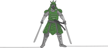 uno singolo linea disegno di giovane giapponese samurai guerriero Tenere katana spada praticante a dojo centro grafico illustrazione. combattivo marziale arte concetto. moderno continuo linea disegnare design png