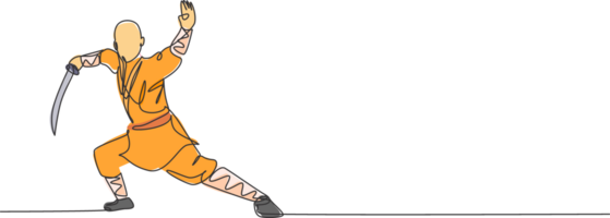 uno soltero línea dibujo de joven energético Shaolin monje hombre ejercicio kung fu luchando con espada a templo ilustración. antiguo marcial Arte deporte concepto. moderno continuo línea dibujar diseño png