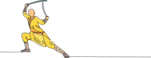 einer kontinuierlich Linie Zeichnung von jung Shaolin Mönch Mann trainieren Kung fu mit Schwerter beim Tempel Boden. traditionell Chinesisch kämpferisch Sport Konzept. dynamisch Single Linie zeichnen Design Illustration png