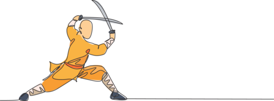 Single continuous line drawing of young muscular shaolin monk man holding sword train at shaolin temple. Traditional Chinese kung fu fight concept. Trendy one line draw design illustration png