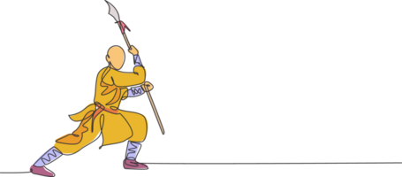 ett enda linje teckning av ung energisk shaolin munk man övning stridande med spjut på tempel illustration. gammal kinesisk krigisk konst sport begrepp. modern kontinuerlig linje dra design png