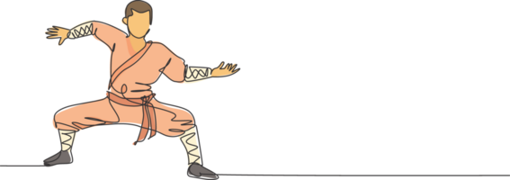 uno continuo línea dibujo de joven Shaolin monje hombre práctica kung fu estilo a templo suelo . tradicional chino combativo deporte concepto. dinámica soltero línea dibujar diseño gráfico ilustración png