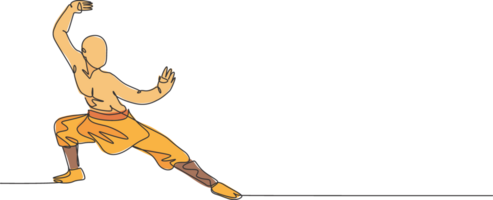 een doorlopend lijn tekening van jong Shaolin monnik Mens praktijk kung fu stijl Bij tempel grond . traditioneel Chinese strijdlustig sport concept. dynamisch single lijn trek ontwerp grafisch illustratie png