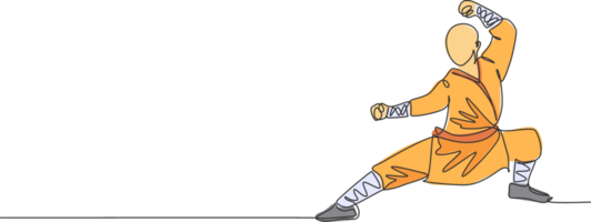 Single kontinuierlich Linie Zeichnung jung muskulös Shaolin Mönch Mann Zug kriegerisch Kunst beim Shaolin Tempel. traditionell Chinesisch Kung fu Kampf Konzept. modisch einer Linie zeichnen Grafik Design Illustration png
