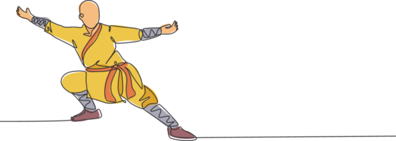 One continuous line drawing of young shaolin monk man practice kung fu style at temple ground . Traditional Chinese combative sport concept. Dynamic single line draw design graphic illustration png