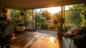 el balcón habitación de un hermosa brillante moderno estilo casa. ai generado. foto