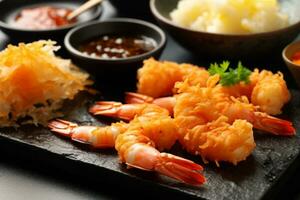 Close-up top view of ingredients Prawn Tempura, Japanese food. AI Generated. photo