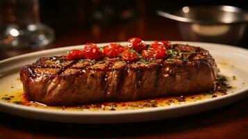 The New York Strip steak has delicious food. AI Generated. photo