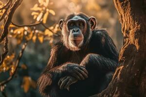 chimpancé en naturaleza, nacional geografía, amplio vida animales ai generado. foto