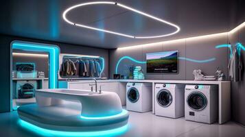 Laundry Room of a beautiful futuristic design. AI Generated. photo