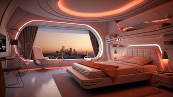 Guest Room of a beautiful futuristic design. AI Generated. photo