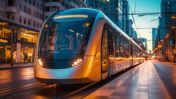 Tram of a beautiful Transportation with futuristic design. . photo