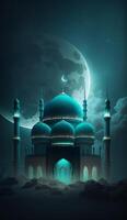 Mosque in the clouds with crescent moon. photo