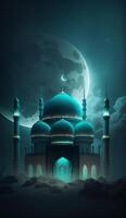 Mosque in the clouds with crescent moon. AI Generative photo