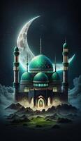 Mosque in the clouds with crescent moon. AI Generative photo