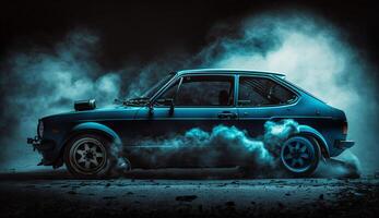 Classic modified car with dark smokie background, photo