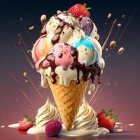 colorful flavor ice cream in cone on splash pastel background. Summer creative concept. photo