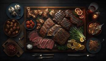 grilled beef fillet steaks with herbs and spices on dark background. photo