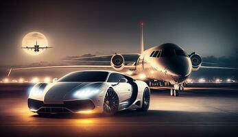 Free photo of Business class private jet and luxury car on airport. AI Generative