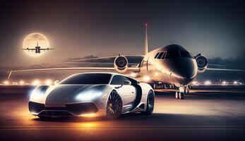 Free photo of Business class private jet and luxury car on airport.