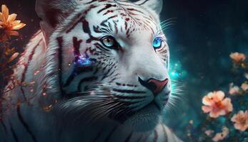 Free photo of tiger portrait with colorful glowing flowers, AI Generative