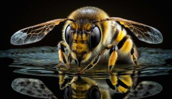 Honey Bee on dark background, Close Up Macro. AI Generative photo