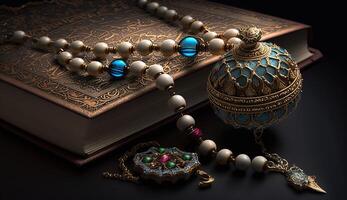 The Holy Al Quran with written Arabic calligraphy meaning of Al Quran and rosary beads or tasbih. AI Generative photo