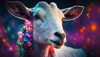 musulmán fiesta eid al adha, sacrificio de animal neón efecto y vistoso flores ai generativo foto