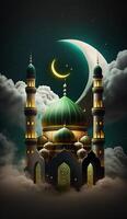 Mosque in the clouds with crescent moon. photo