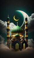 Mosque in the clouds with crescent moon. AI Generative photo