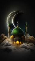 Mosque in the clouds with crescent moon. AI Generative photo