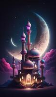 Mosque in the clouds with crescent moon. photo