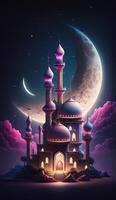 Mosque in the clouds with crescent moon. AI Generative photo