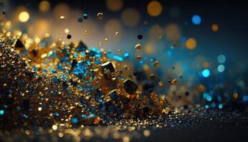 Gold Glitter Defocused Abstract Twinkly Lights Background Gold Sparkles Bokeh Cloud of Particles photo