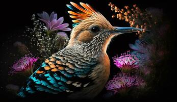 pájaro en vistoso flores antecedentes. ai generativo foto