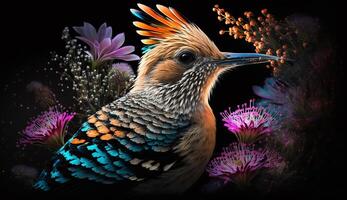 bird in colorful flowers background. AI Generative photo