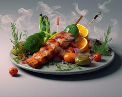 Chicken shish kebab or skewers kebab on wooden board, spices, herbs and vegetables on dark background. AI Generative photo