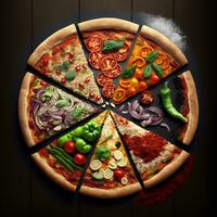 caliente sabroso Pizza con fuego llamas en oscuro antecedentes. imagen para menú o póster. ai generativo foto