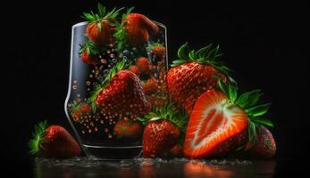 Fresh juice and smoothies with berries, fruits on dark background. AI Generative photo