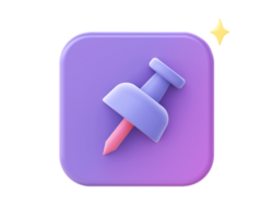 3d render of Simple purple paper push pin clipart icon for UI UX web mobile apps social media ads design png