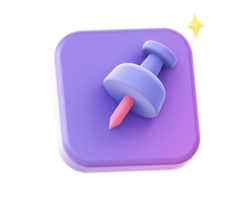 3d render of Simple purple paper push pin clipart side icon for UI UX web mobile apps social media ads design png