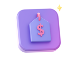 3d render of purple price tag promo discount side icon for UI UX web mobile apps social media ads design png